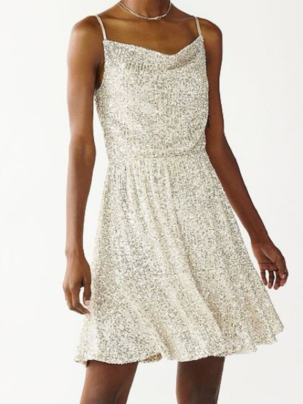 SO Champagne Sequin Cowl Neck Spaghetti Strap Mini Dress